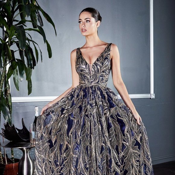 NEW LONG SLEEVELESS A-LINE EMBROIDERED GLITTER GOWN WITH AND ZIPPER BACK CD J812 - Picture 3 of 8